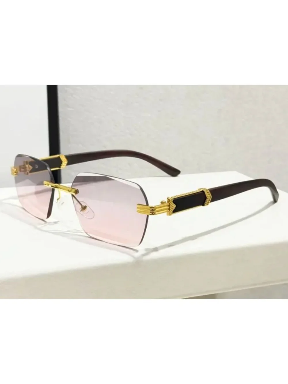 Retro Unisex Rimless Grey & Pink Gradient Sunglasses W/ Gold-Tone & Wooden Arms
